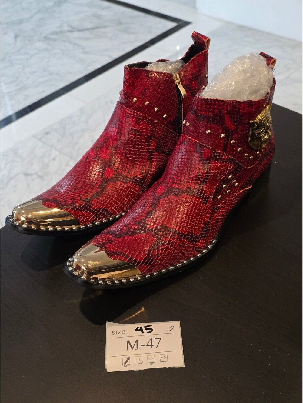 Men's Red Snakeskin Ankle Boots with Gold Studs